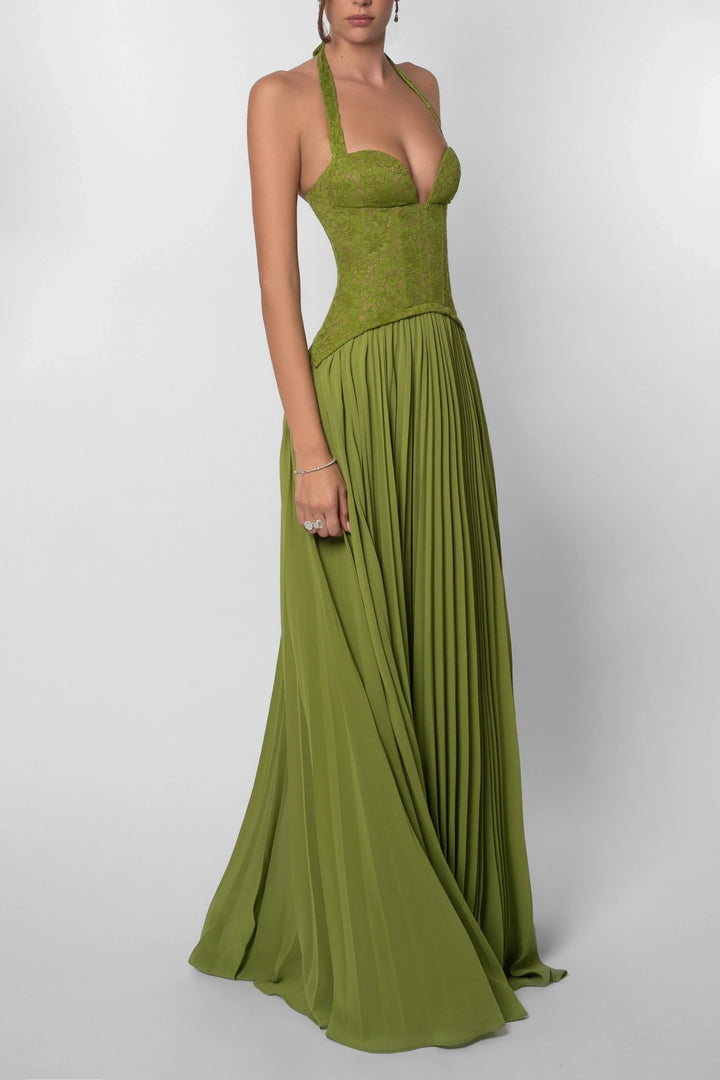Chic green pleated corset dress for women. A stunning maxi length gown for elegant evening wear.