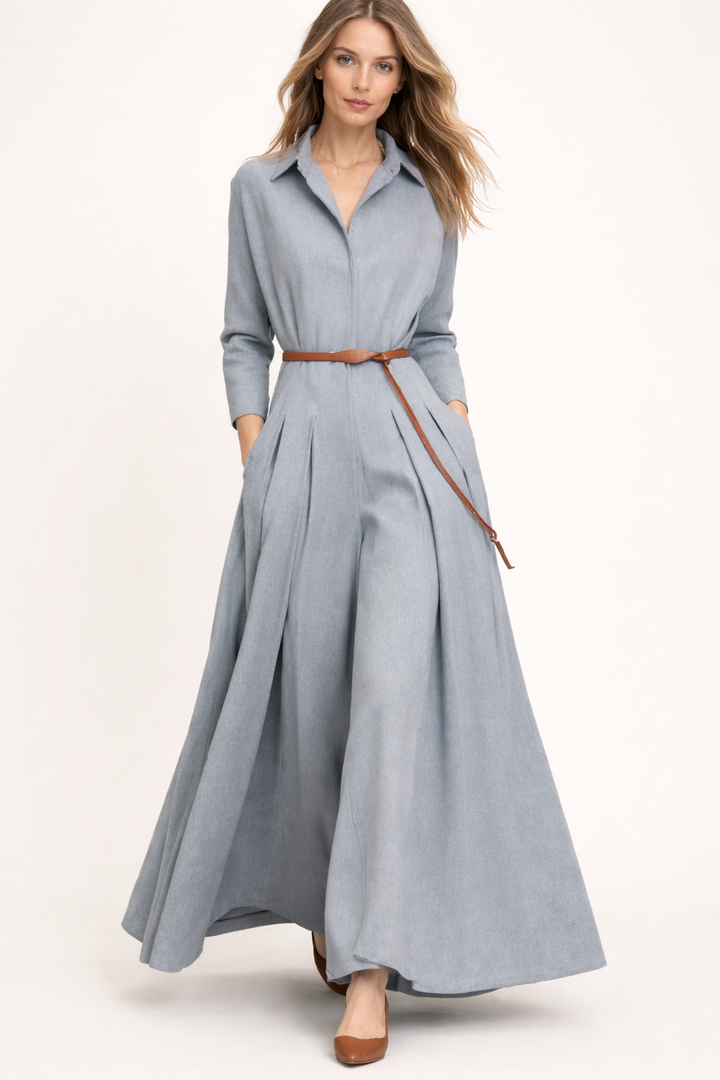 Women's elegant grey jumpsuit with flowing collar detail, perfect for day to night.