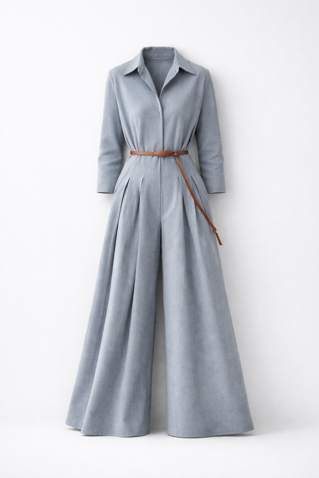 Chic one-piece outfit for women: stylish grey jumpsuit with a sophisticated collar.
