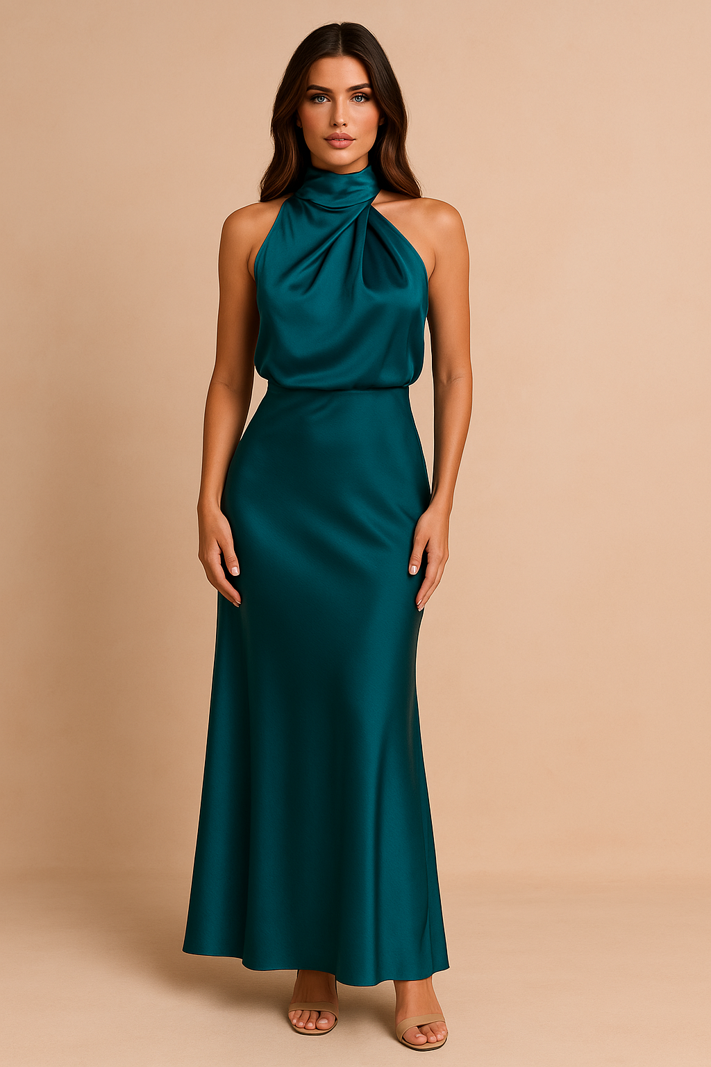 Sophisticated women's cocktail midi dress with a stylish halter neckline and graceful draping.
