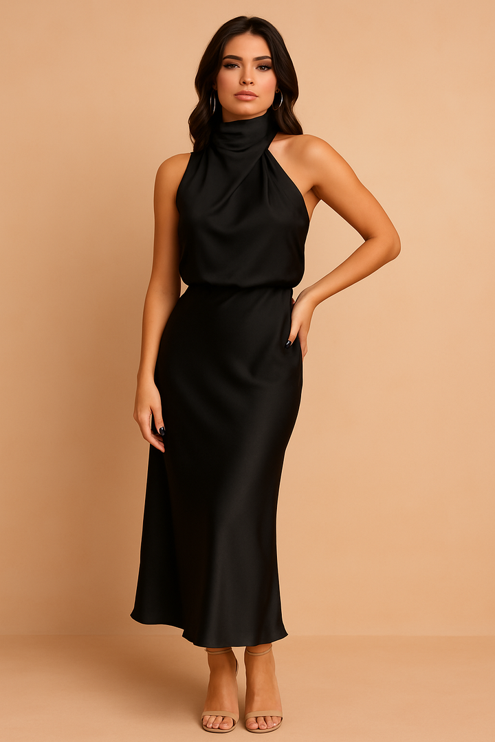 Women's fashion-forward evening gown: a sleek halter midi dress, ideal for parties & formal events.
