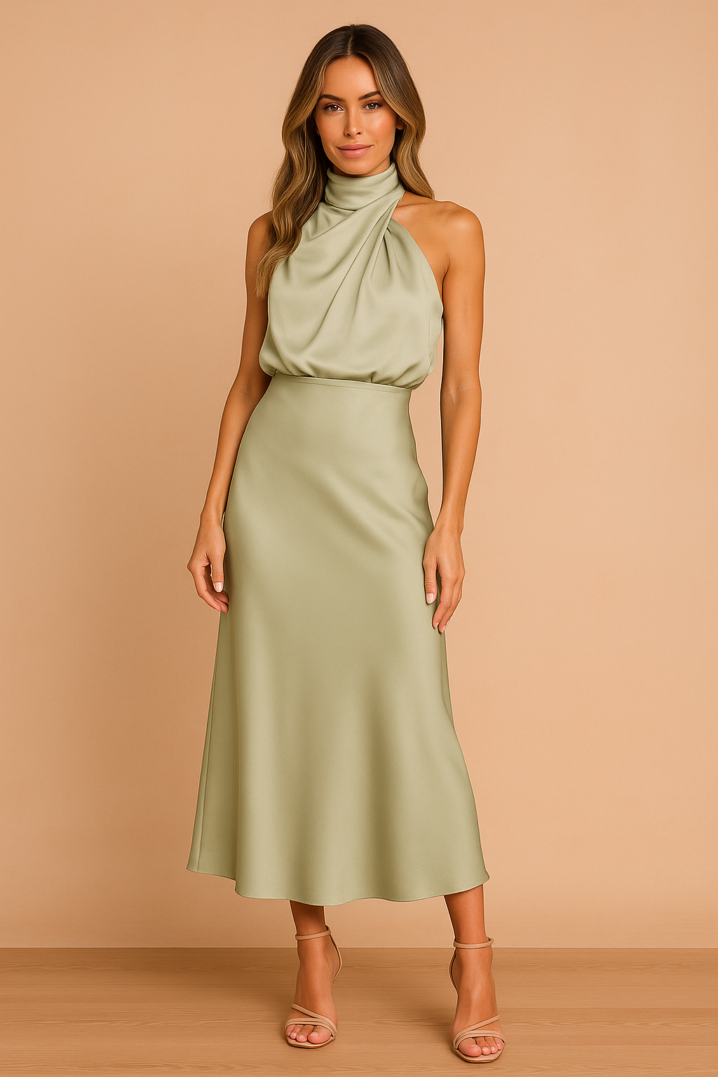 Stylish women's party dress. This elegant draped halter midi dress is perfect for any special occasion.