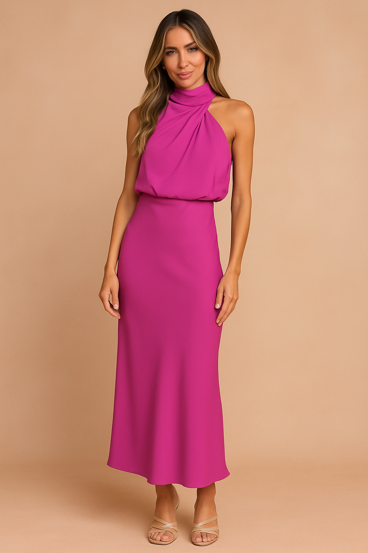 Versatile women's midi dress: a beautiful halter neck, draped design for sophisticated occasion wear.