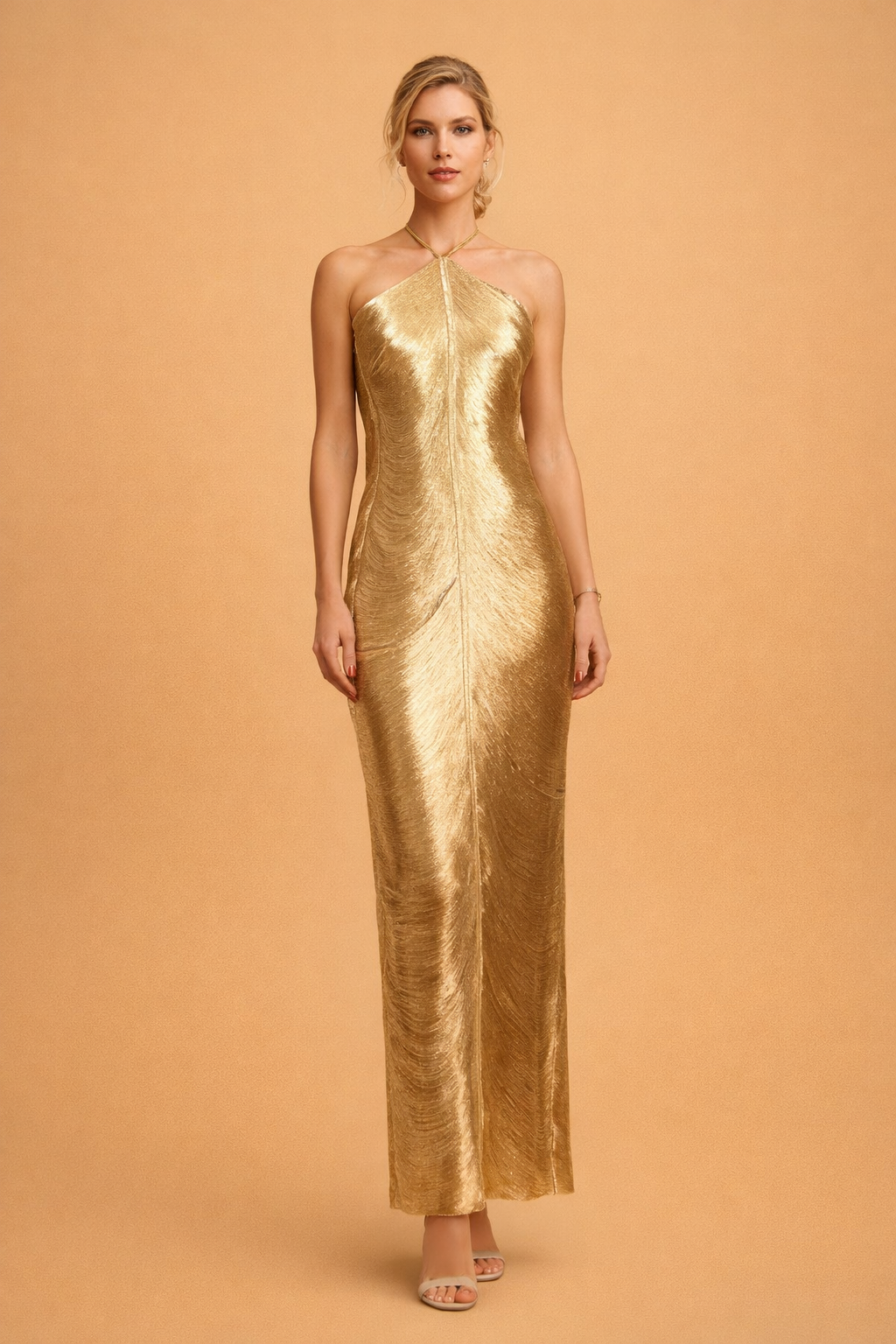 Women's elegant halter fringe evening dress, perfect for parties and formal occasions.