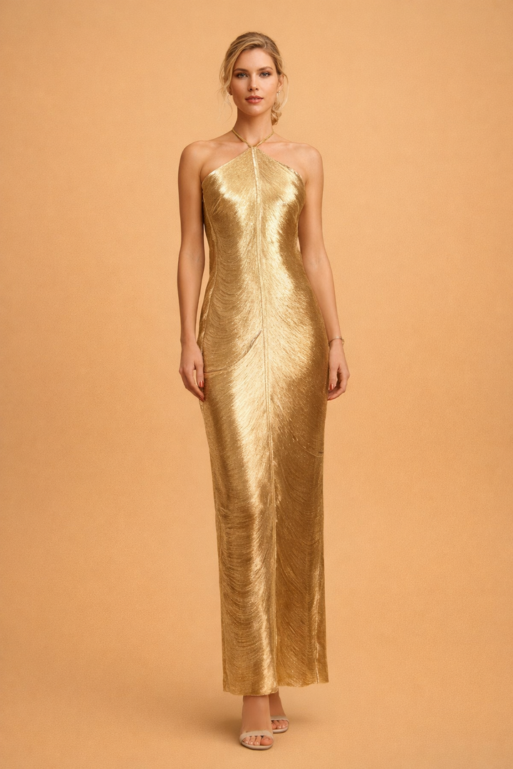 Women's elegant halter fringe evening dress, perfect for parties and formal occasions.