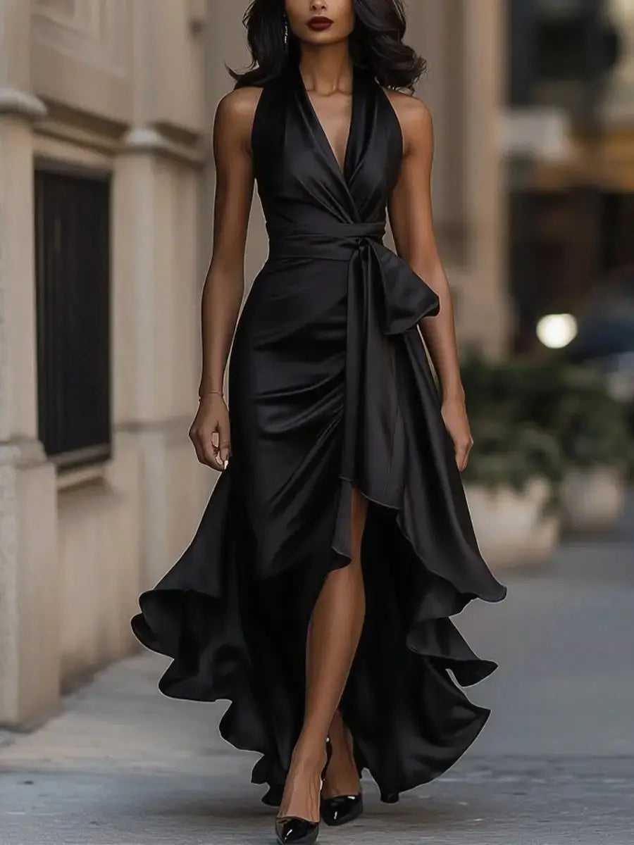 Women's fashion: Chic halter high-low cocktail dress in satin, elegant bow waist & flowing silhouette.
