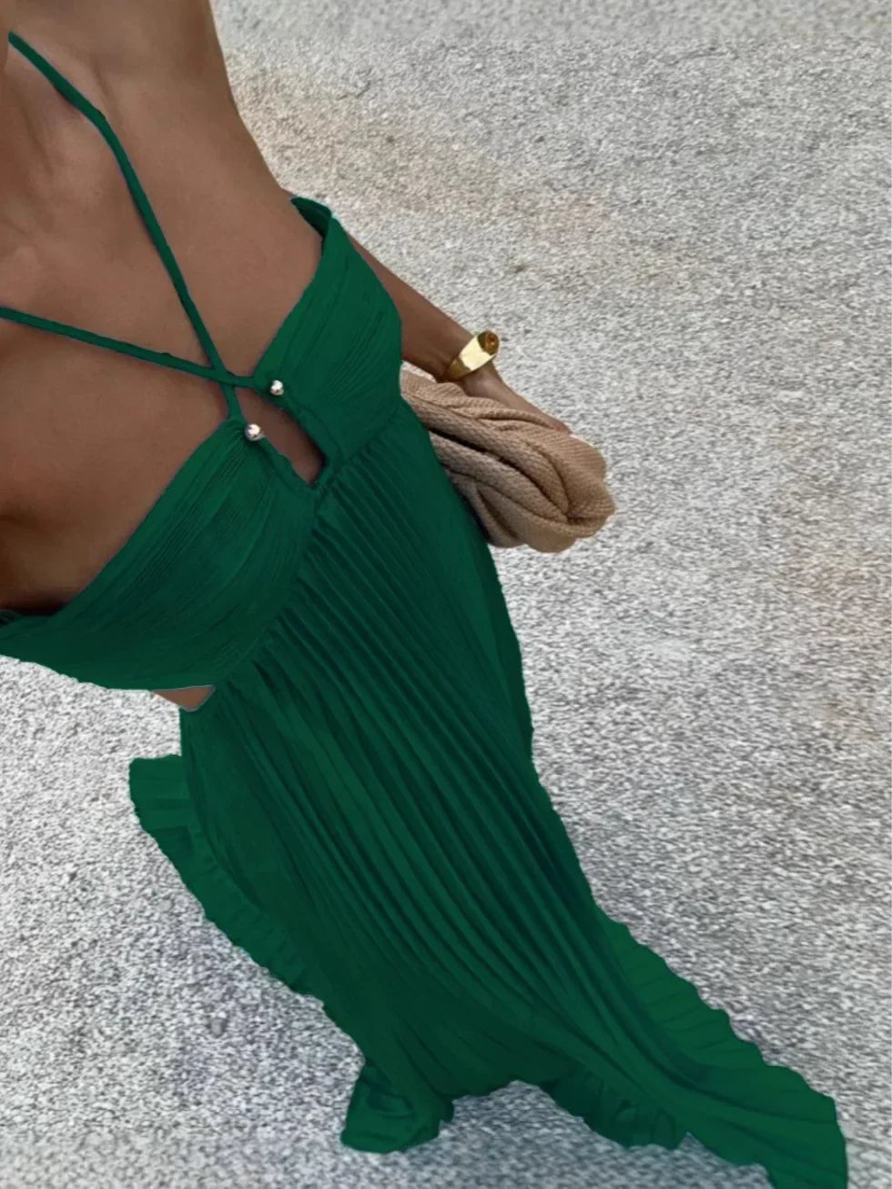 Stunning women's high-waist pleated maxi dress, halter neck cut-out perfect for evening parties & special occasions.
