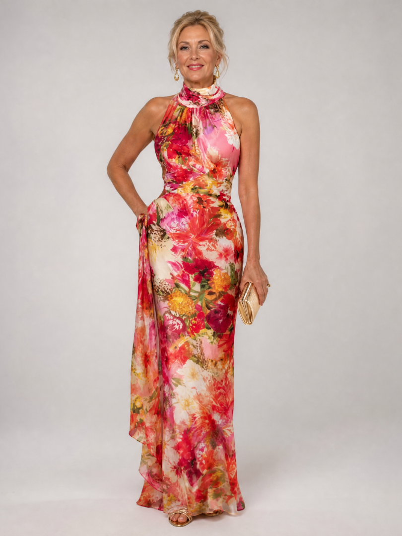 Women's elegant halter neck floral print maxi dress, perfect for summer occasions & parties.