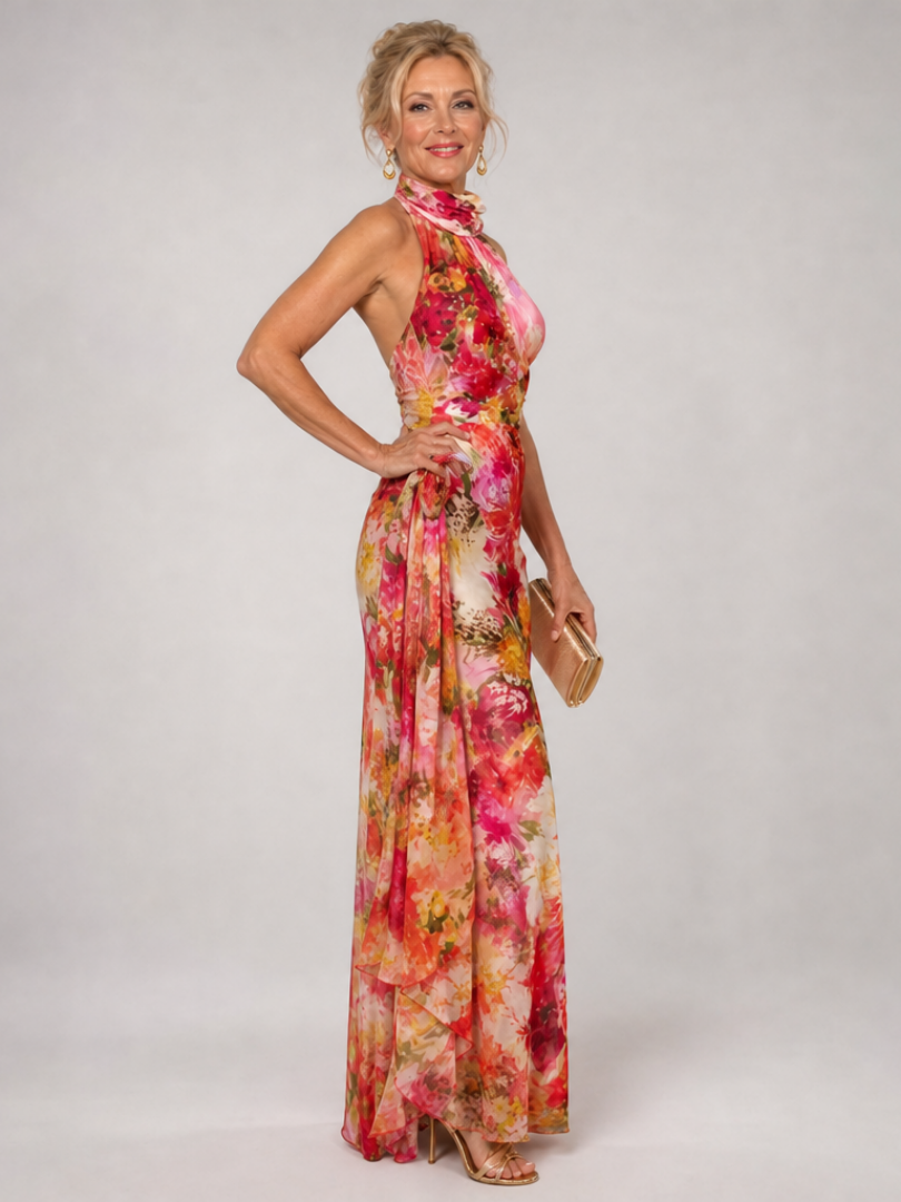 Flowing women's floral print maxi dress with halter neck. Ideal elegant summer or vacation party attire.