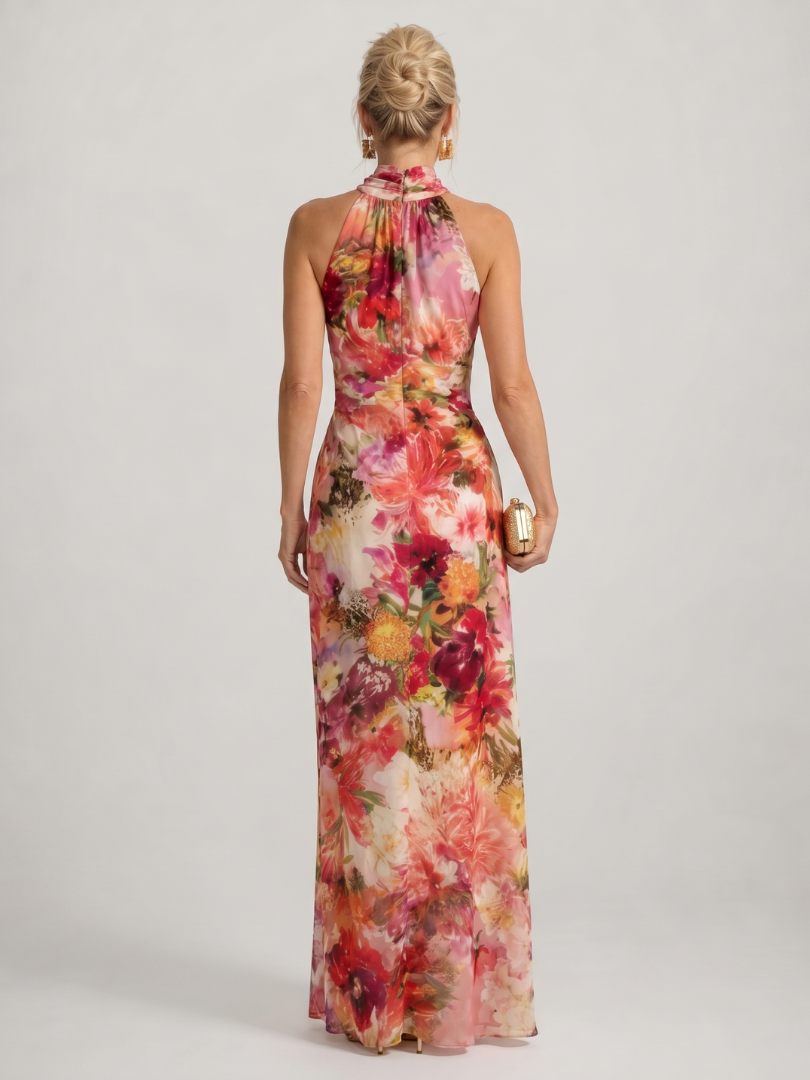 Women's halter floral print maxi dress. Elegant, flowing, and sleeveless. Perfect summer occasion or party dress.