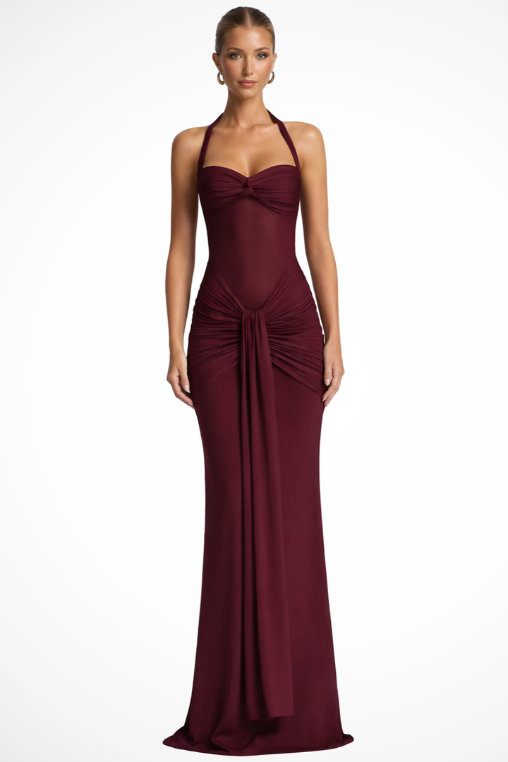 Women's elegant halter neck maxi dress, perfect for wedding guests, formal evening events & special occasions.