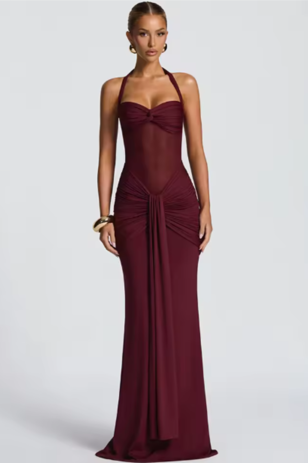 Elegant women's halter neck maxi dress for special occasions, formal events, and wedding guest attire.