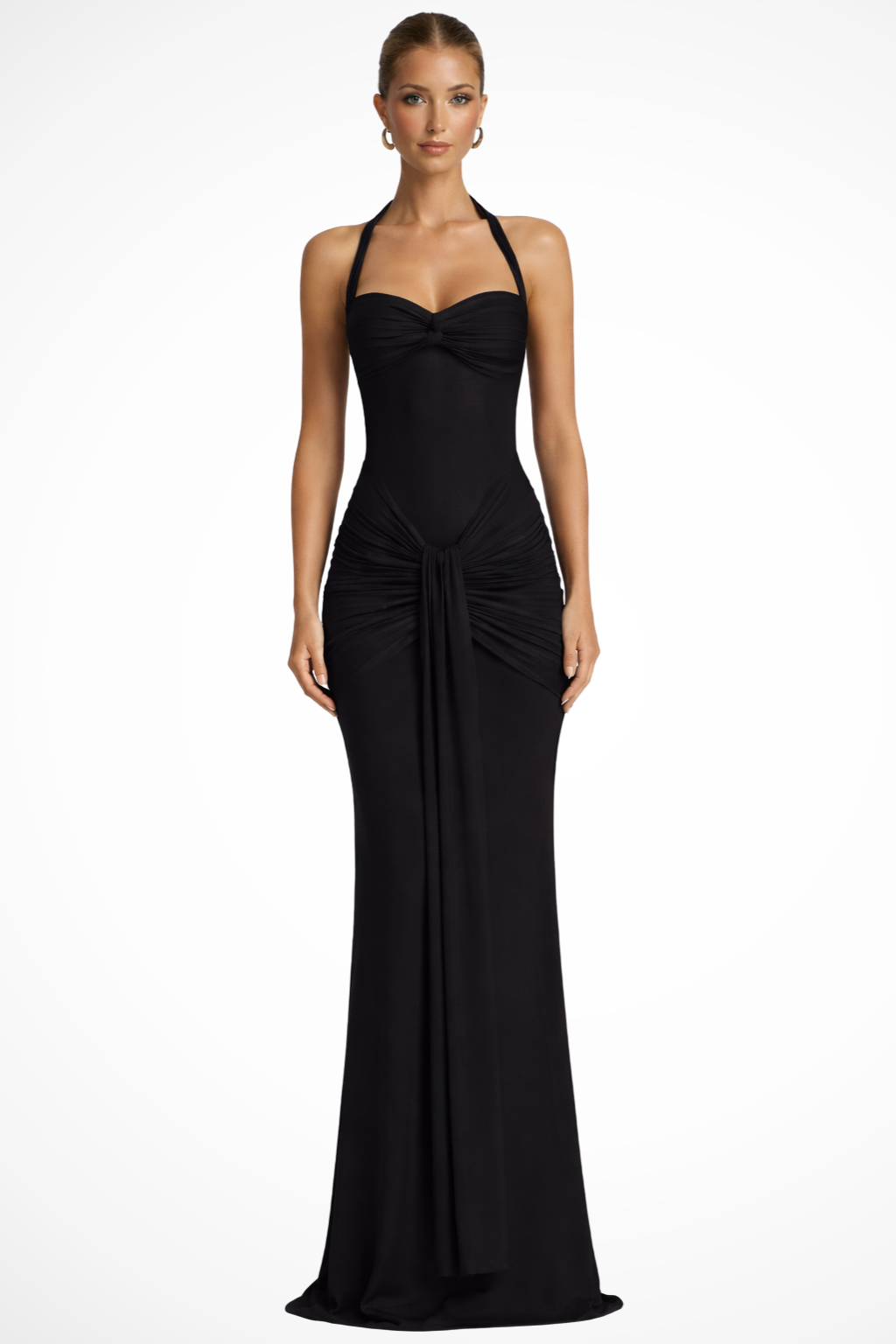 Flowing women's halter neck maxi dress, a chic formal gown for evening parties and sophisticated events.