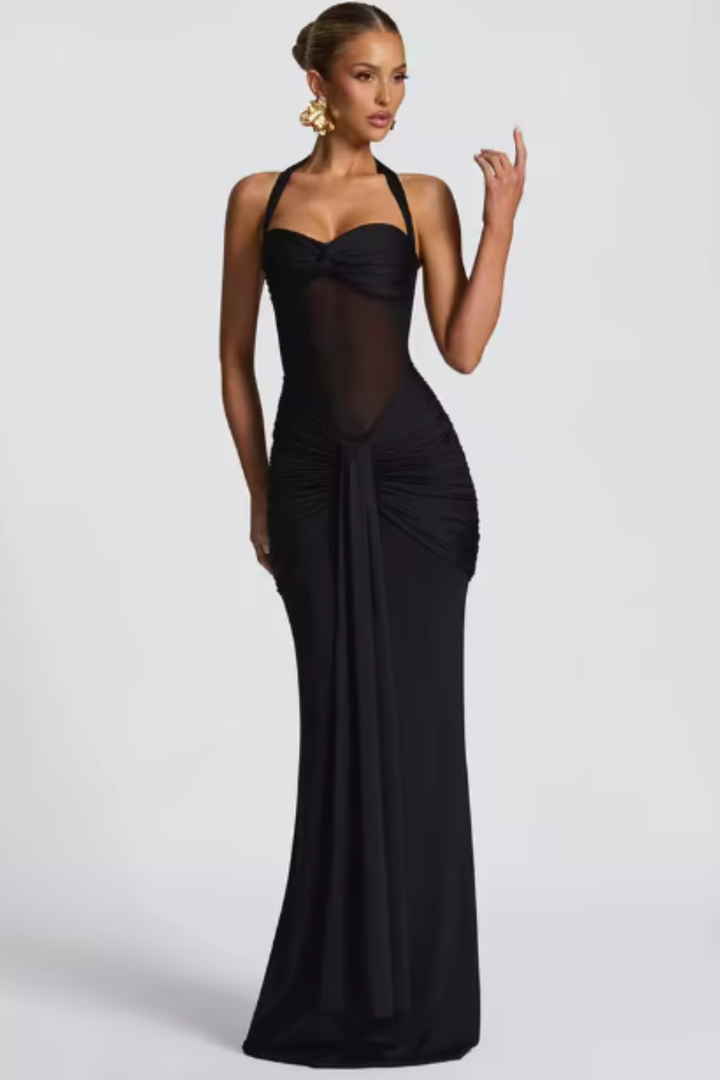 Stunning women's halter neck maxi dress, an elegant choice for wedding guests, galas, and formal evening wear.