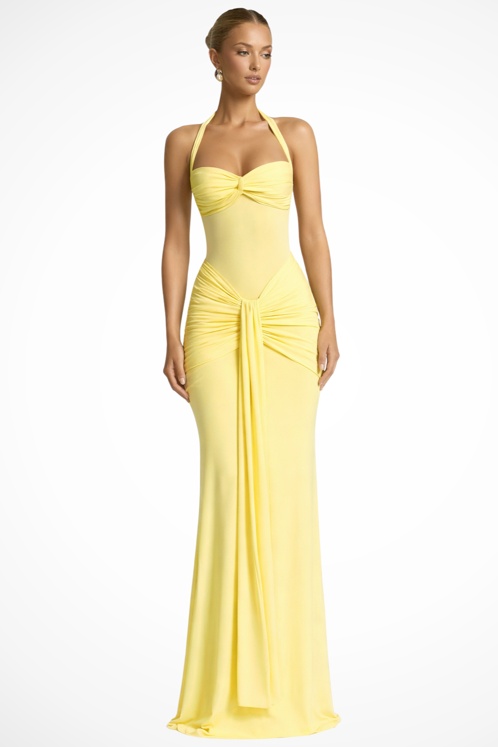 Stylish women's halter neck maxi dress with twist-front detail, perfect for elegant formal evening events.