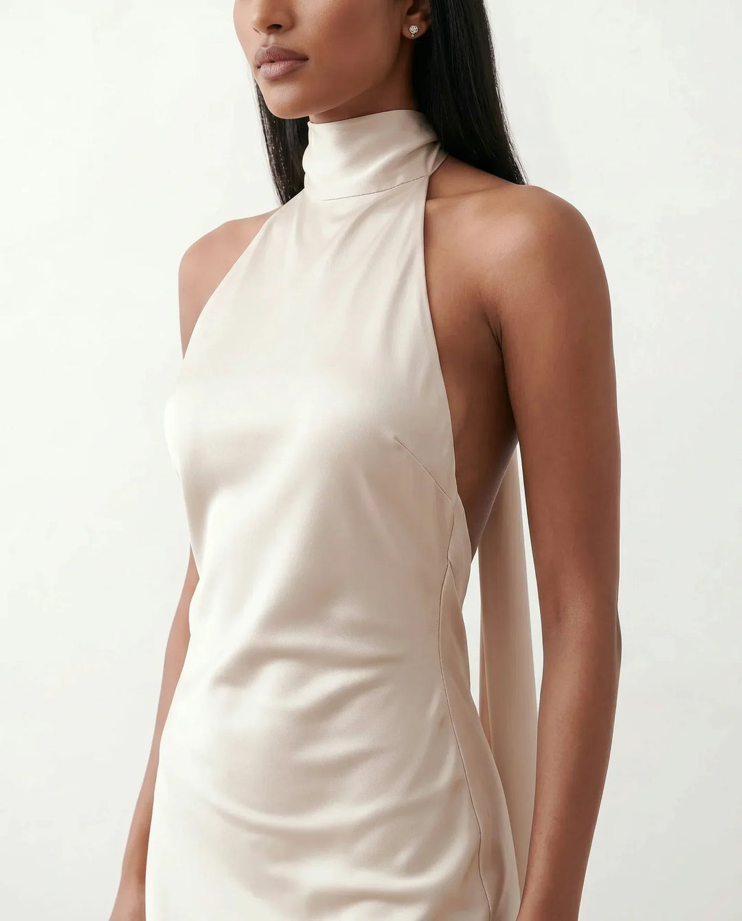 Elegant sleeveless women's halter neck maxi dress, perfect for stylish summer vacation & evening wear.