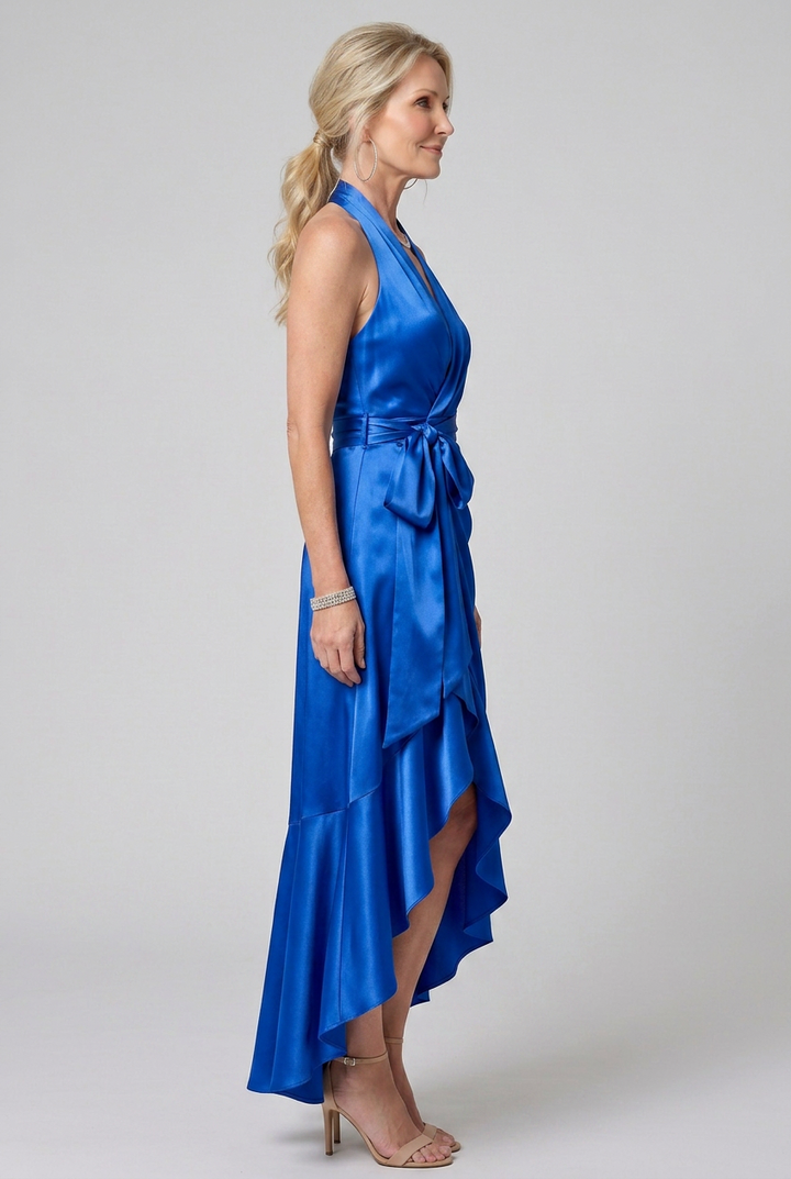Sophisticated women's halter neck midi dress with unique asymmetric hem. Occasion ready.