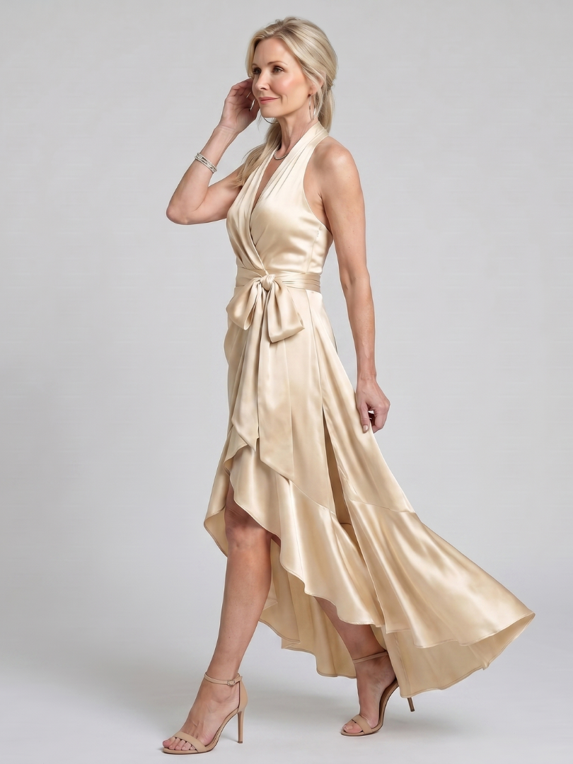 Flattering sleeveless halter neck wrap midi dress for women. Chic asymmetric hem.