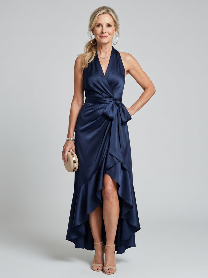 Occasion wear women's dress: elegant halter neck, midi length, stylish asymmetric hem.
