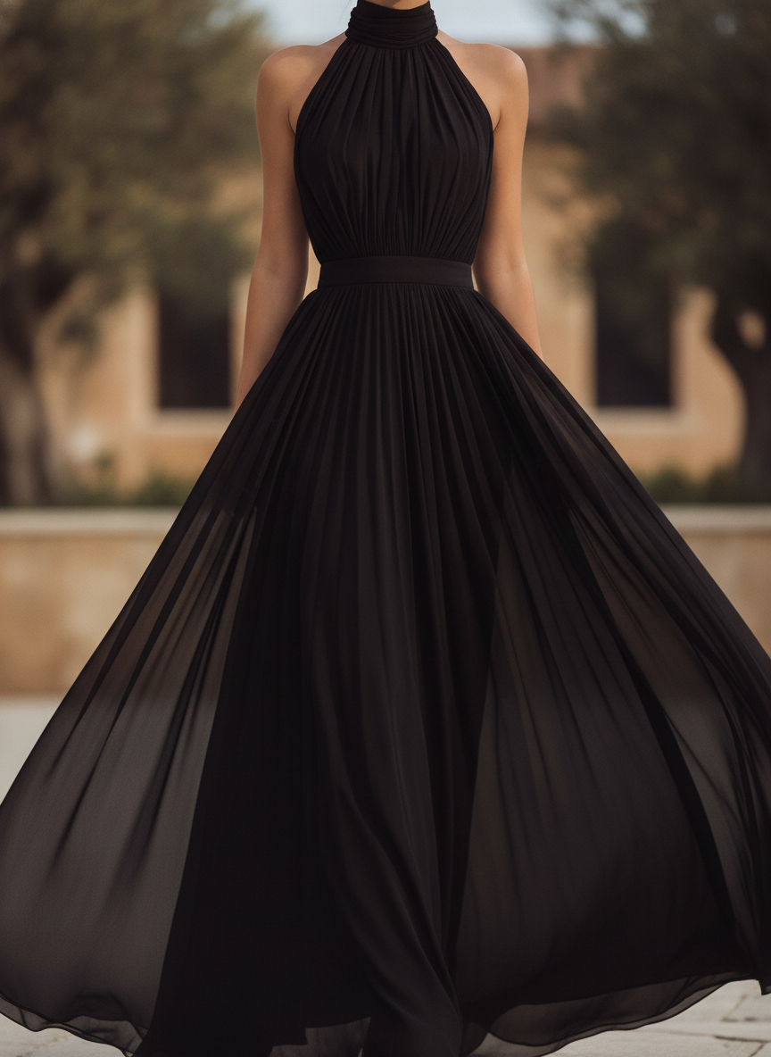Women's elegant halter neck pleated maxi evening dress, perfect for formal occasions & wedding guests.