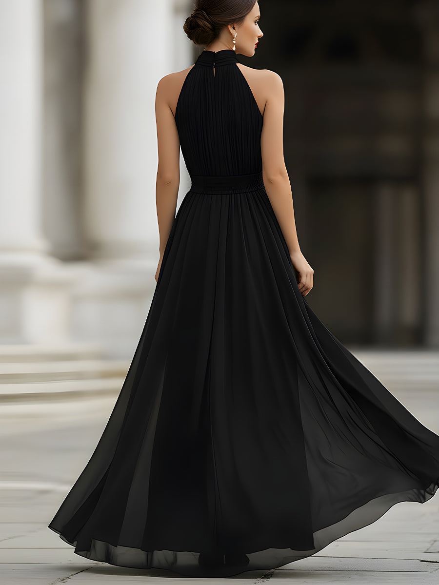 Graceful women's pleated maxi evening gown with halter neckline, versatile for formal dinners & special events.