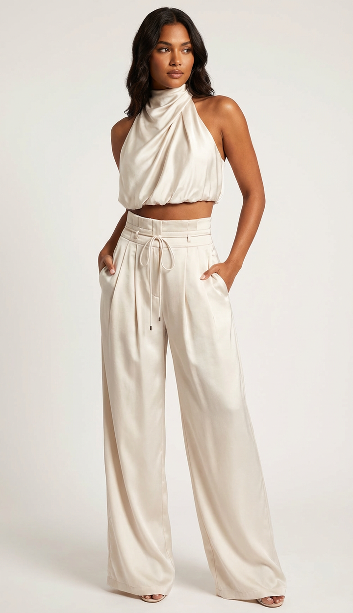 Chic women's halter top, part of an elegant two-piece set. Ideal for parties & evening wear, sleek style.