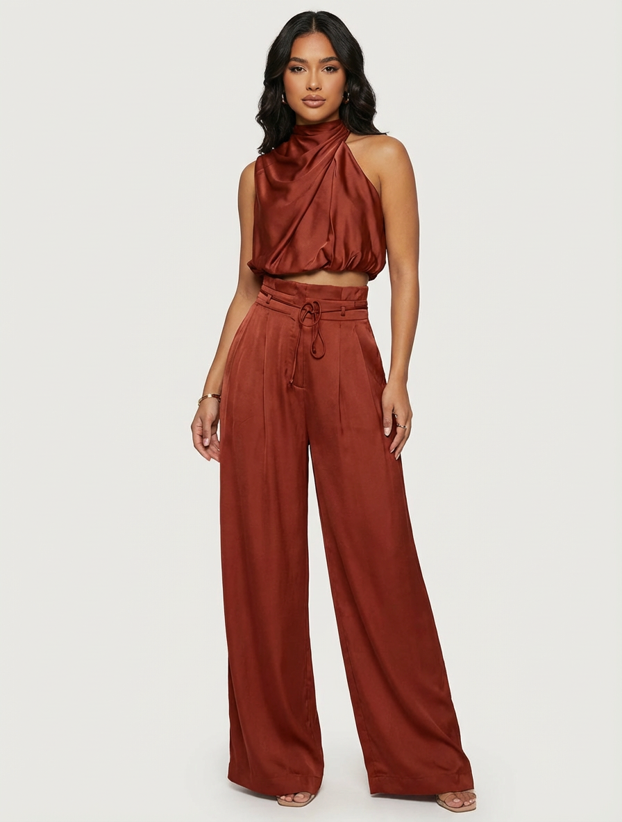Elegant high-waist wide-leg pants from a women's two-piece set. Comfortable, sleek, perfect for evening outfits.