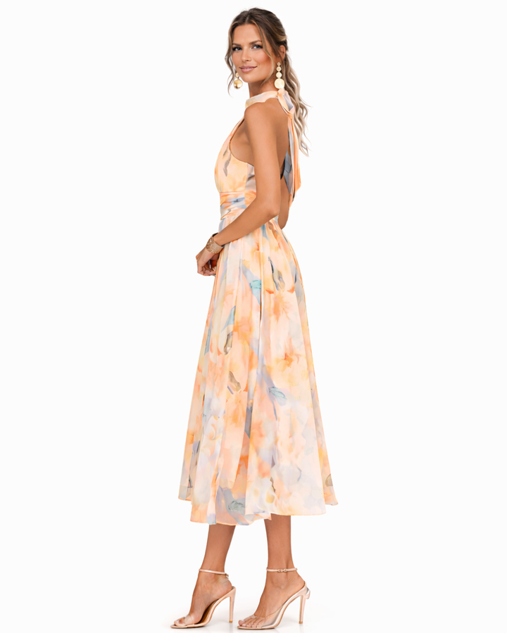 Chic women's halterneck maxi dress featuring a beautiful watercolour print, perfect for casual or boutique summer style.