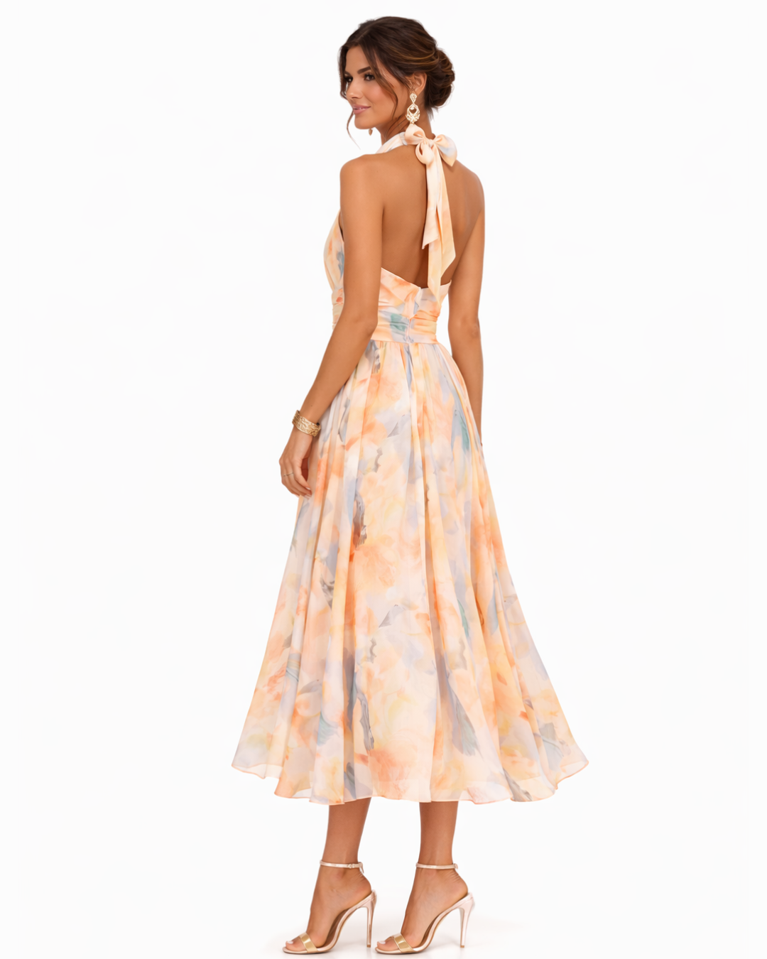 Flowy women's watercolour halterneck maxi dress, designed for comfortable and elegant summer wear. Lightweight fabric.