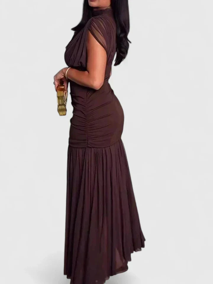 Long women's high-neck maxi dress, elegant and modest. Ideal for formal wear, evening gowns, or casual chic events.