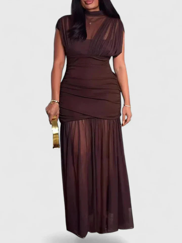 Comfortable women's high-neck maxi dress with a flattering, draped design. Elegant long dress for any occasion.