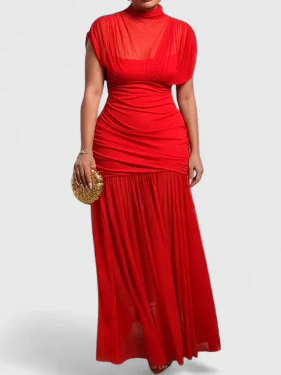 Elegant high-neck women's maxi dress for parties. Flattering long formal wear, comfortable & stylish evening gown.