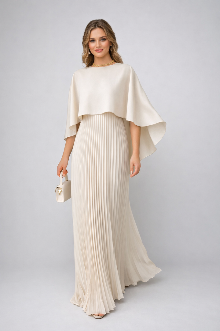Women's elegant high neck pleated maxi dress with relaxed fit. Perfect for spring/summer occasions.