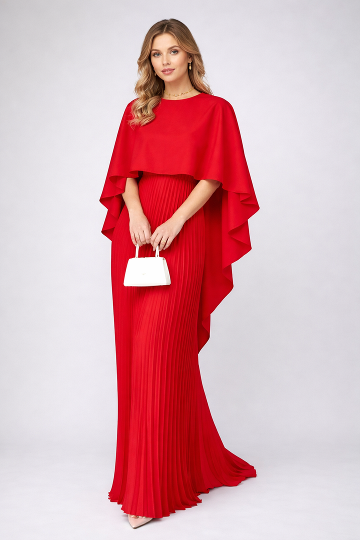 Flowy women's pleated maxi dress with high neck and relaxed fit. Elegant for evening or formal events.