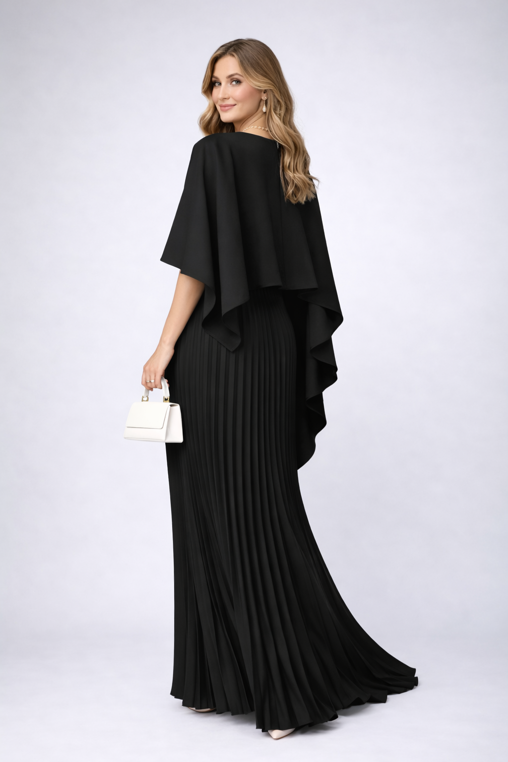 Elegant women's high neck pleated maxi dress, relaxed fit. Versatile for formal events, parties & occasions.