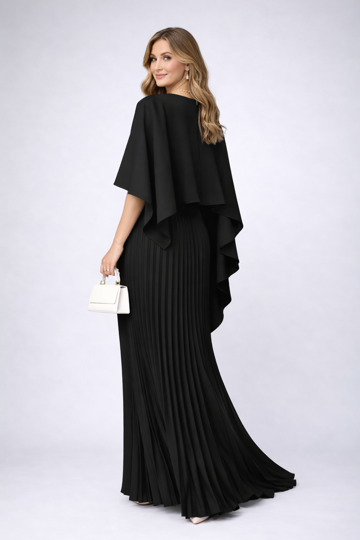 Elegant women's high neck pleated maxi dress, relaxed fit. Versatile for formal events, parties & occasions.