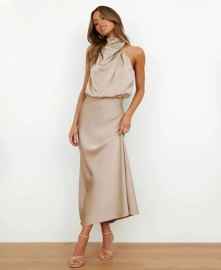 Women's elegant high waist sleeveless midi dress for parties.