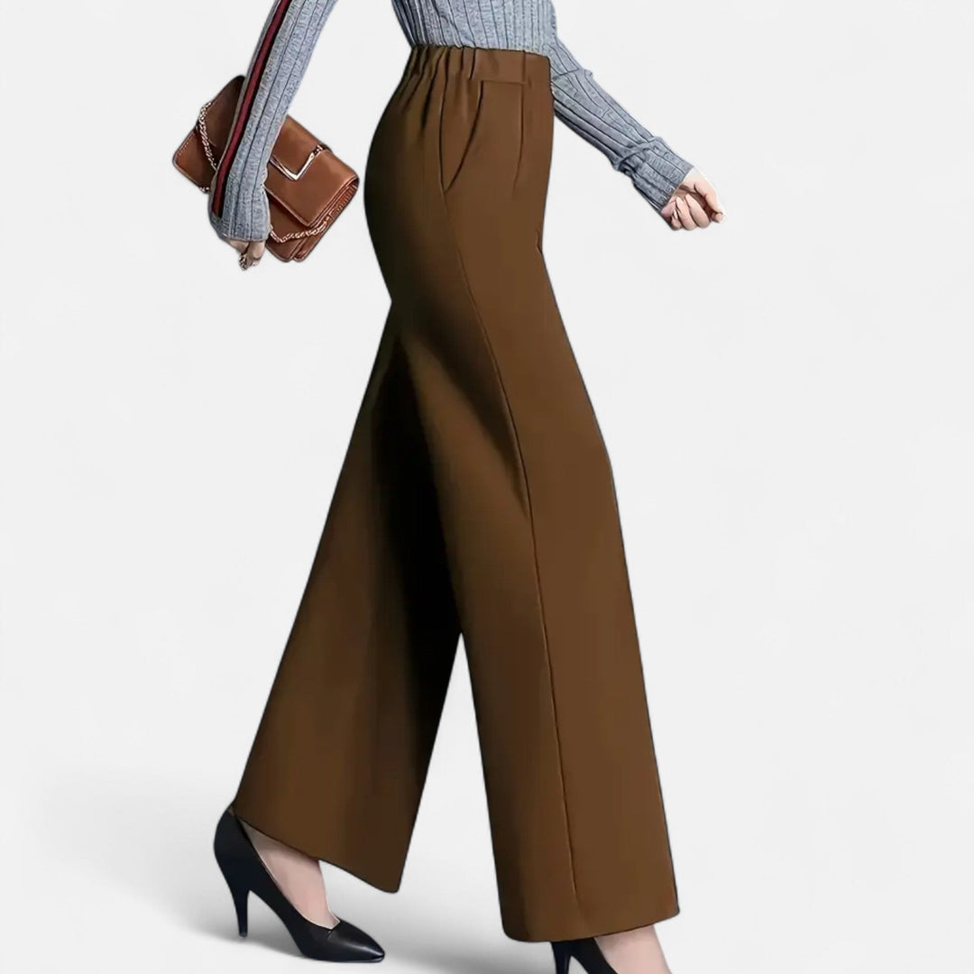 Full shot of women's smart casual pants, featuring a flattering high-waist and wide-leg cut.