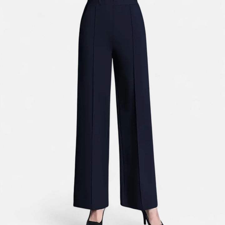 Detail view of women's wide-leg trousers, highlighting the comfortable fit and high-waist.
