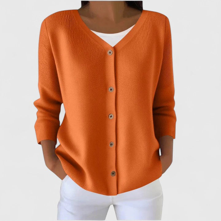 Everyday women's hooded cardigan, relaxed fit, button-down. A cozy long sleeve sweater for casual layering.