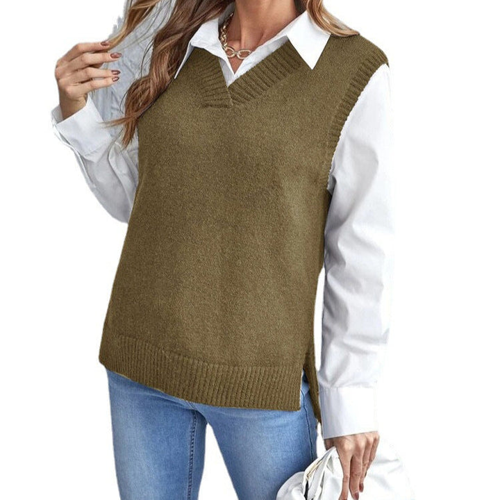 Women's elegant knitted V-neck vest, a chic sleeveless layering piece for fall fashion.