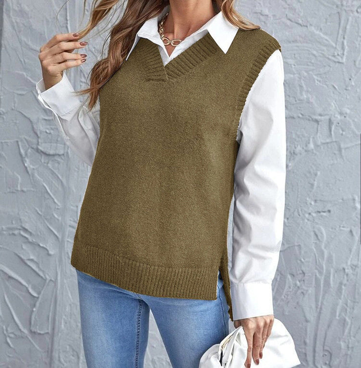 Detailed shot of the stitching on a women's casual chic knitted vest.