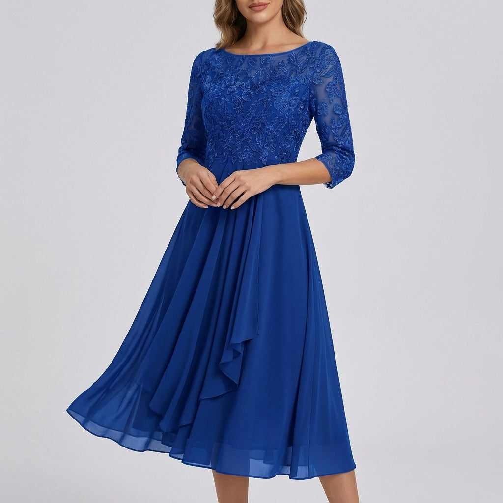 Women's elegant lace bodice midi dress with high-low hem, perfect for formal events.