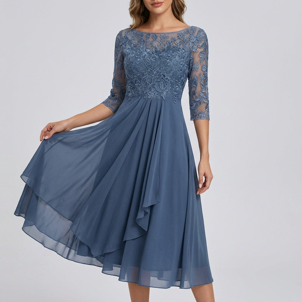 Elegant women's lace cocktail dress, a stylish midi length option for parties and celebrations.