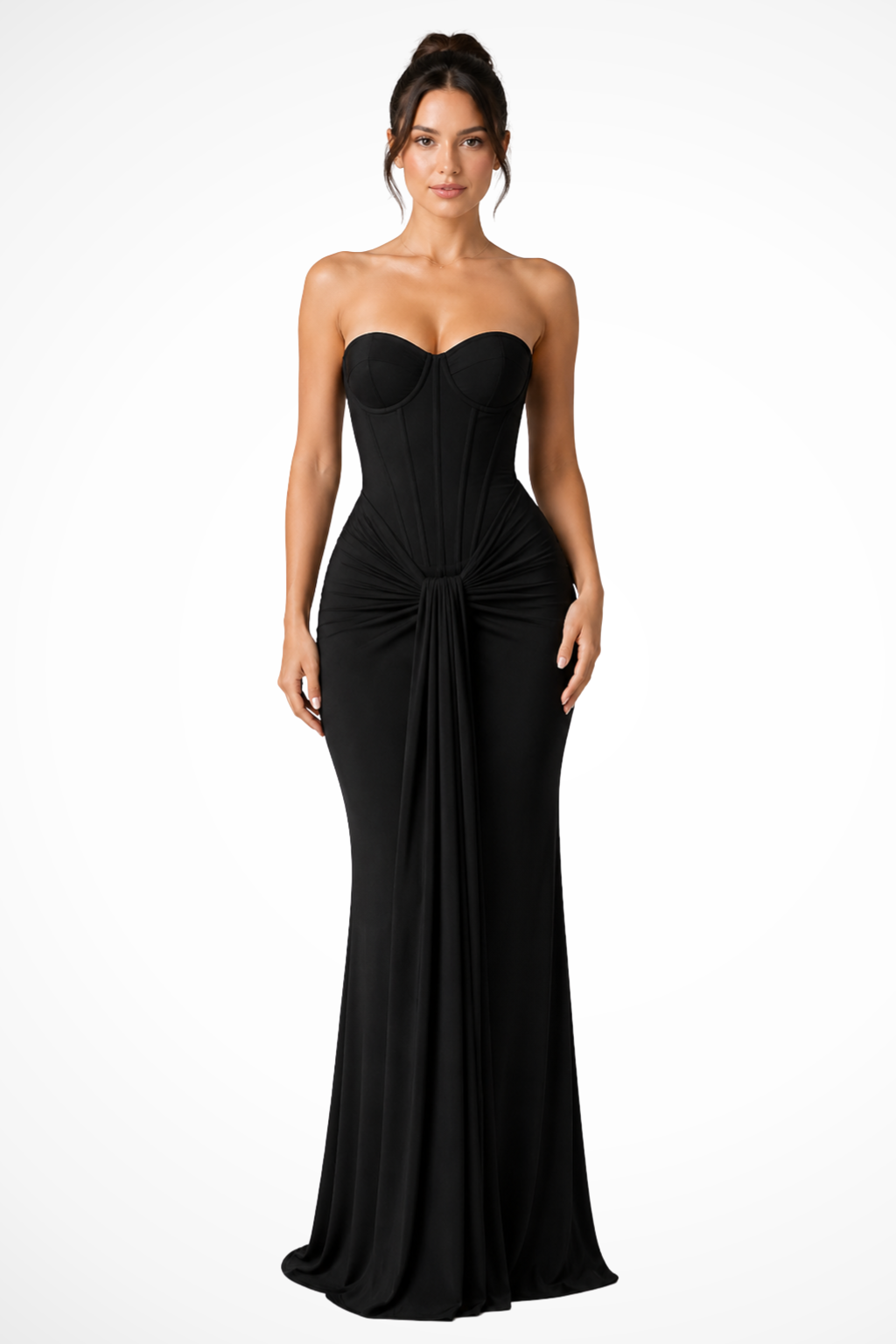 Women's elegant lace corset strapless maxi dress, perfect for wedding guests & formal occasions. Draped style.