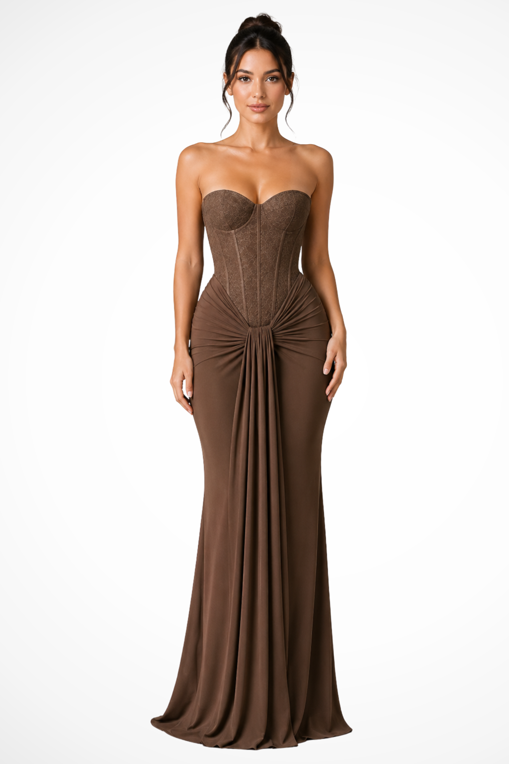 Luxurious women's strapless evening gown: lace corset, draped maxi skirt. An elegant choice for formal events.