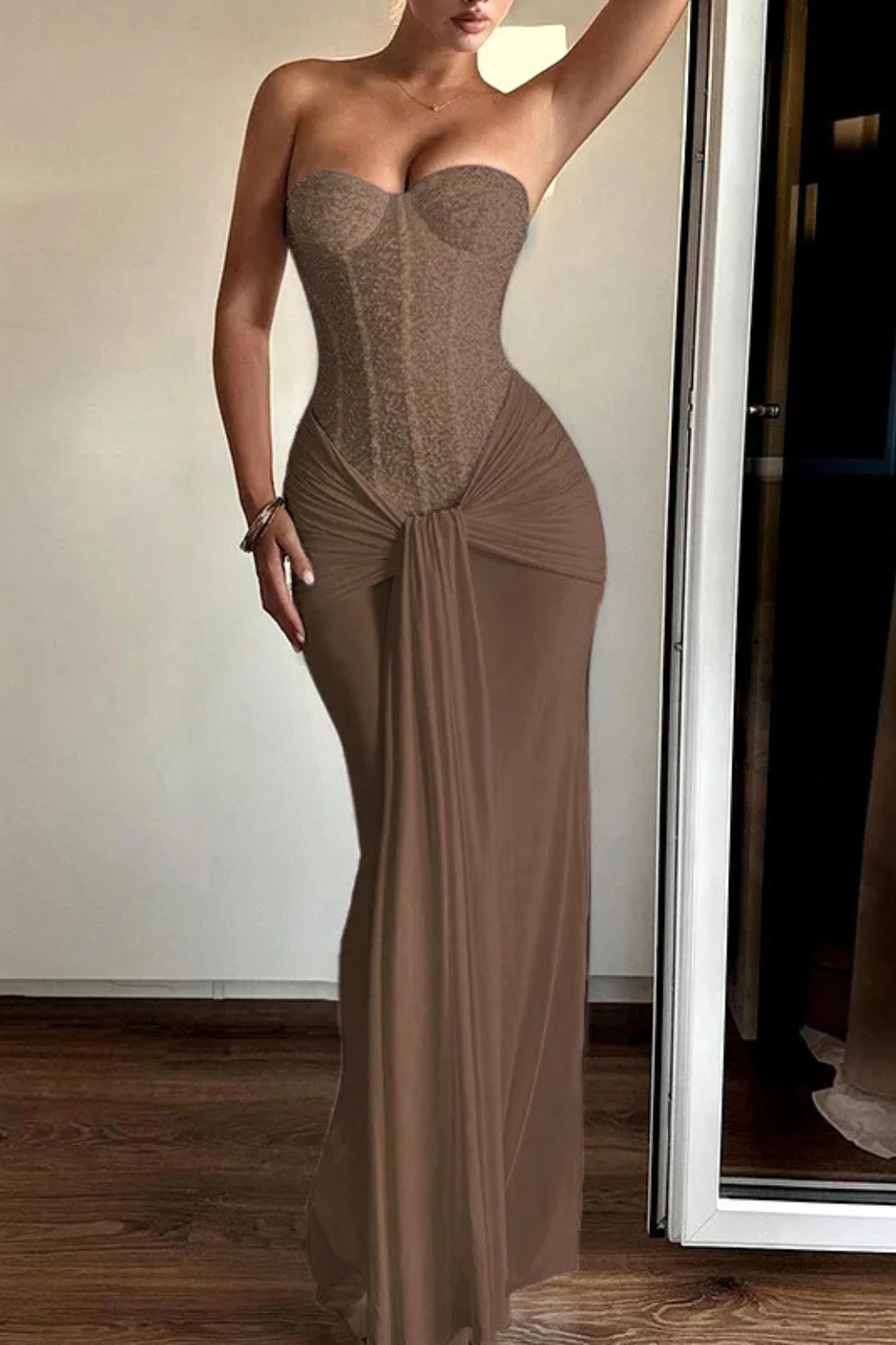 Women's Lace Corset Strapless Draped Wedding Guest Maxi Dress. Elegant formal wear for special occasions.