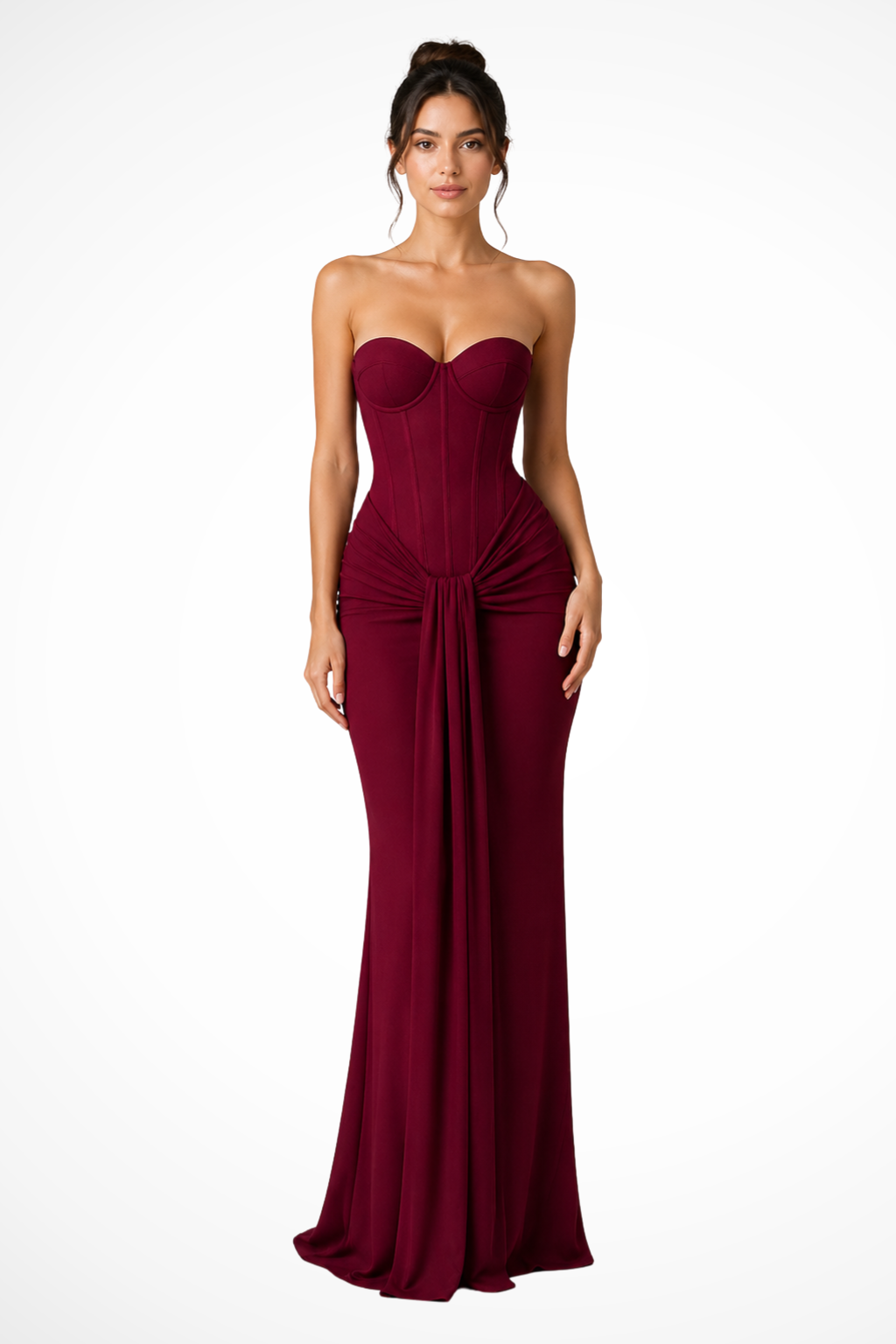 Strapless draped maxi dress for women, featuring a delicate lace corset bodice, perfect as a formal wedding guest dress.