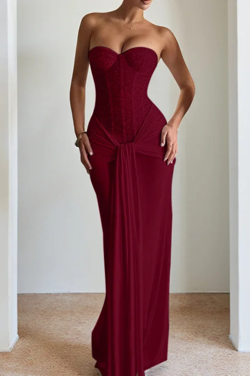 Timeless women's elegant maxi dress: strapless, lace corset, draped details. Ideal for evening, party, or wedding.