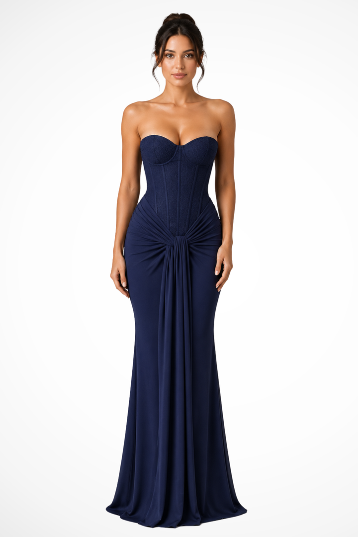 Women's strapless formal maxi dress with a fitted lace corset & graceful draping. A stunning evening guest gown.